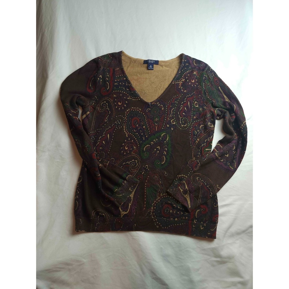 Chaps Sweater Women Medium Brown V-Neck Paisley Knit Long Sleeve Pullover Autumn